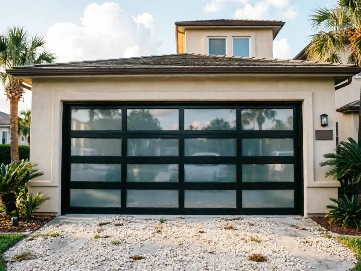 The house has a modern black garage door with frosted glass panels.