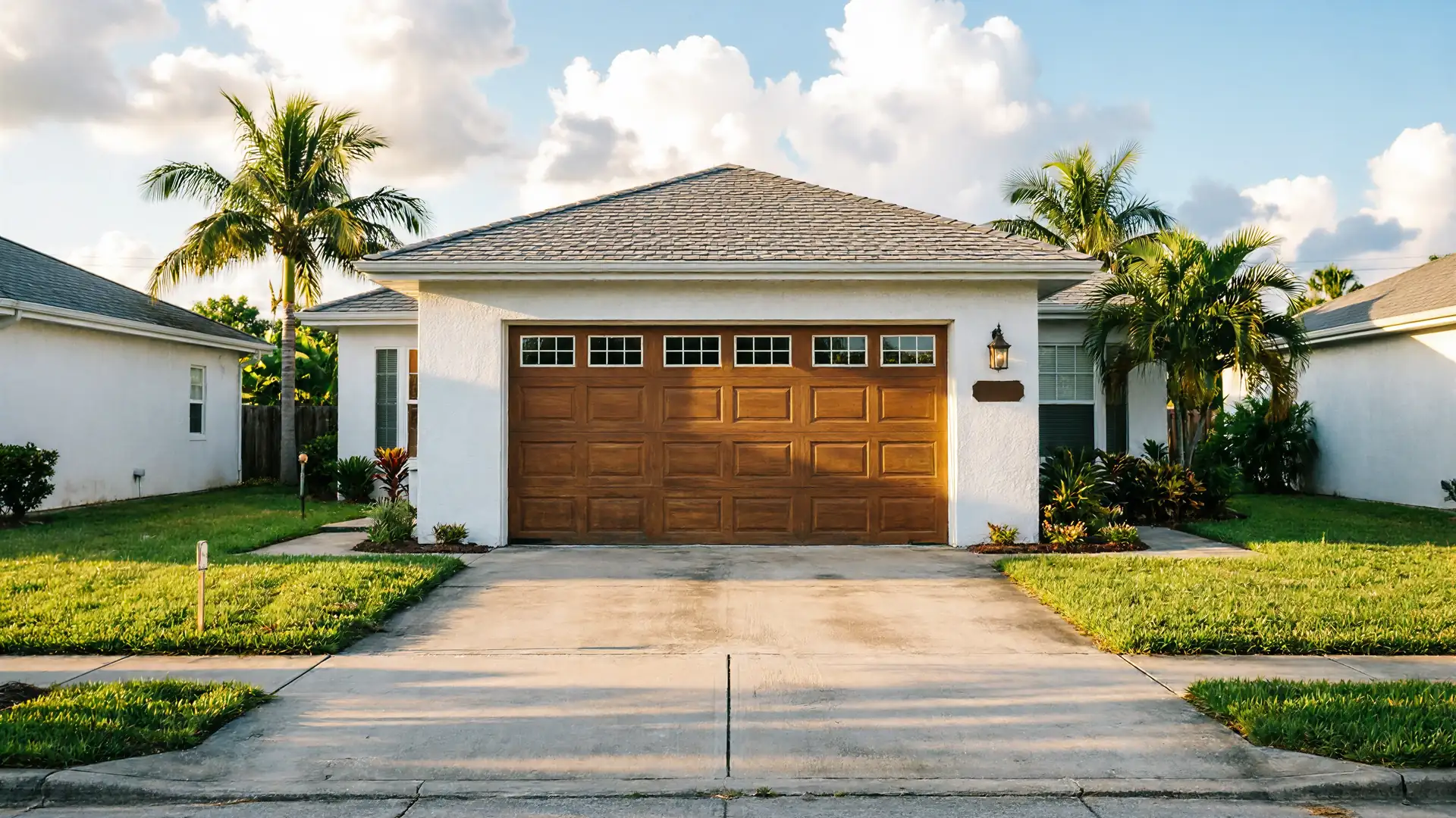 The house has a brown garage door with windows and a concrete driveway.