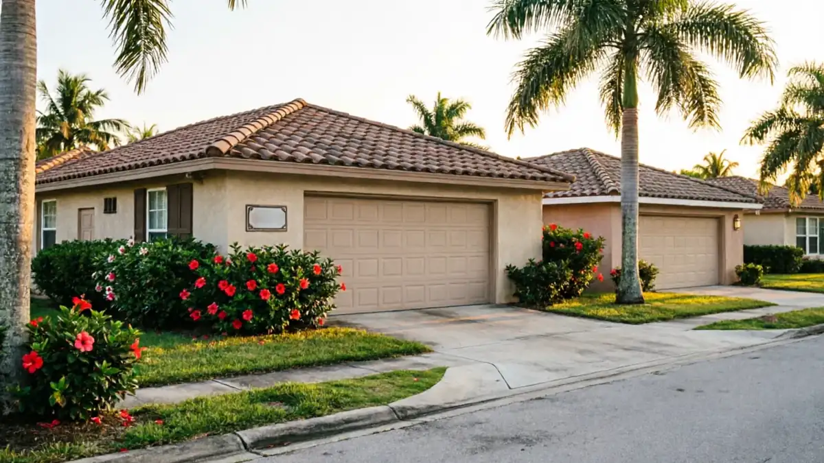 The house has a tan garage door, a tiled roof, and red hibiscus bushes.