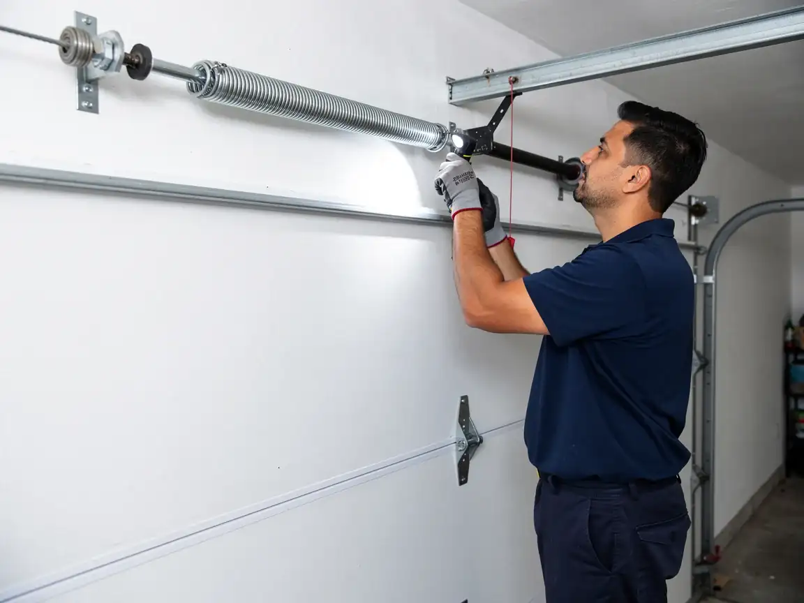 A technician adjusts a garage door torsion spring with a tool and flashlight.