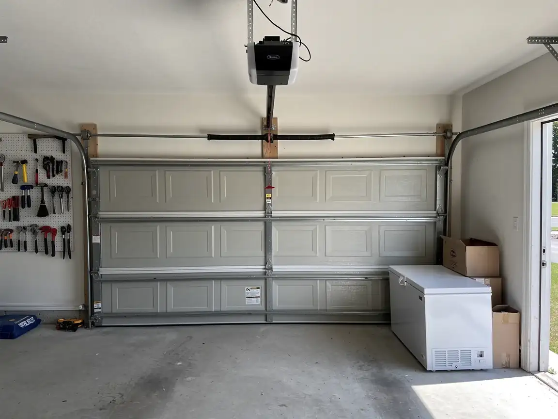 A closed gray garage door is visible from inside a garage.