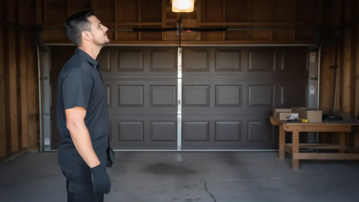 A technician in a black shirt and gloves looks up at a closed brown garage door.
