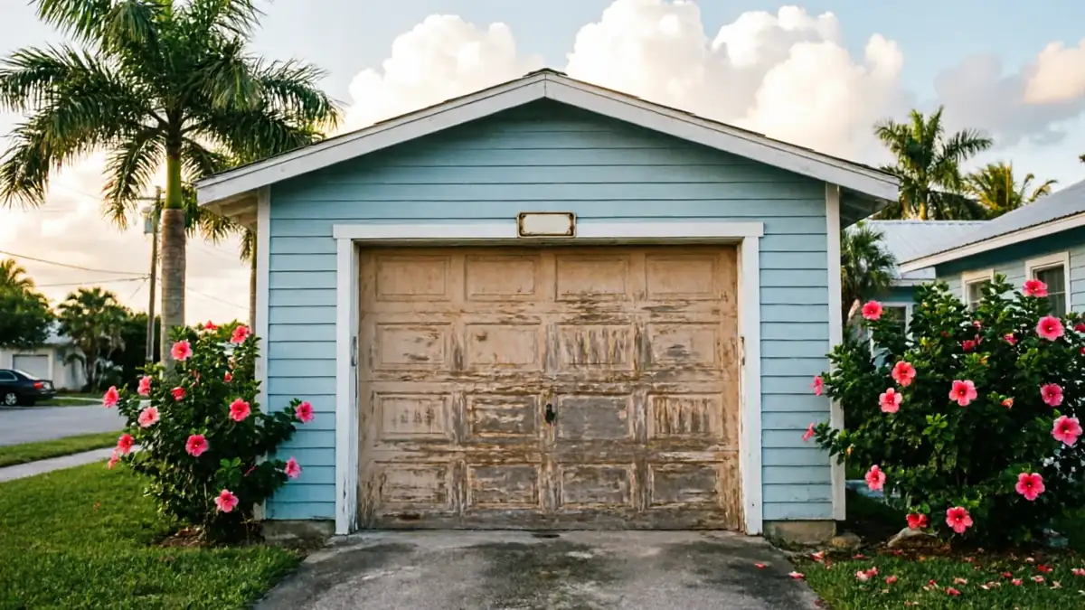 A light blue garage with a weathered wooden door and pink hibiscus bushes.