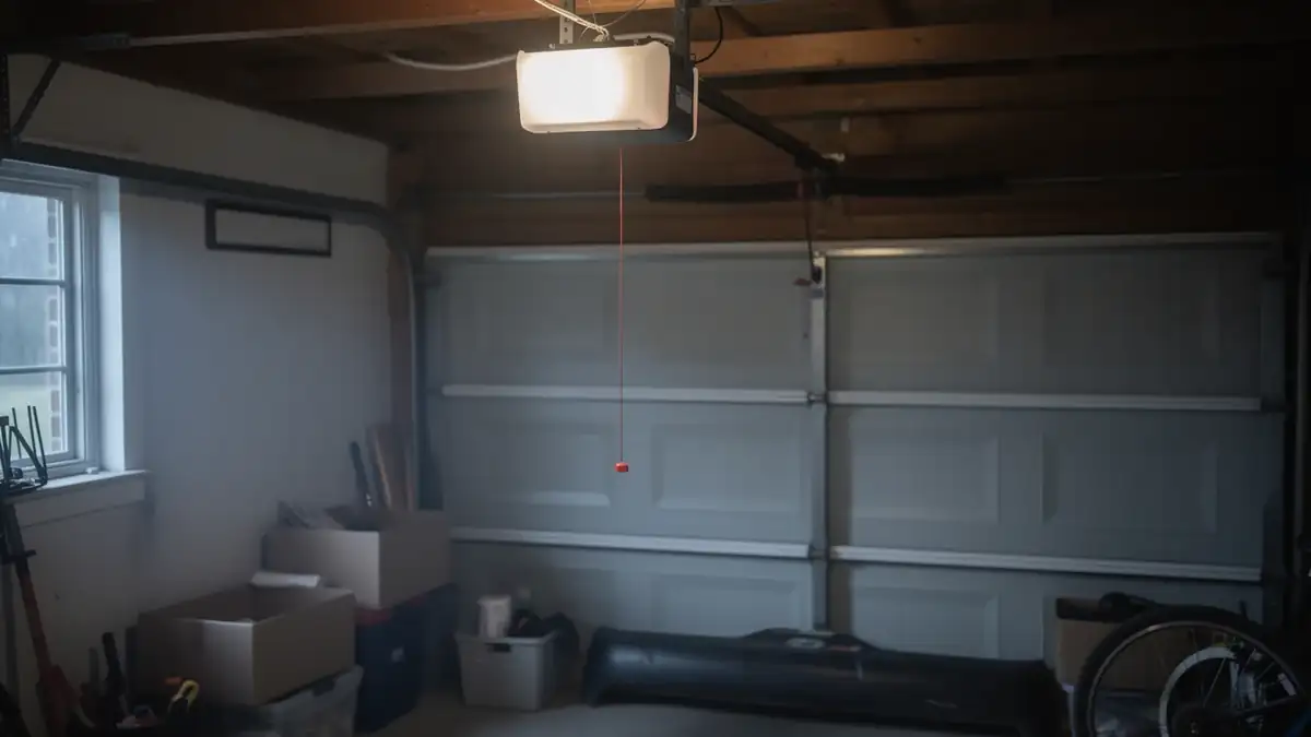 A garage door opener with a light and a red pull cord hangs above a closed garage door.