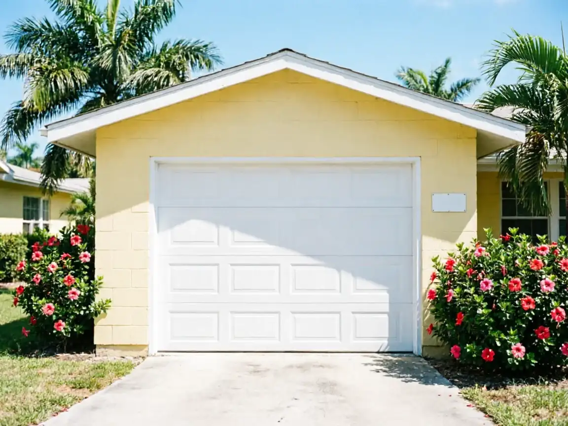 A white garage door is on a yellow house with palm trees and red flowers.